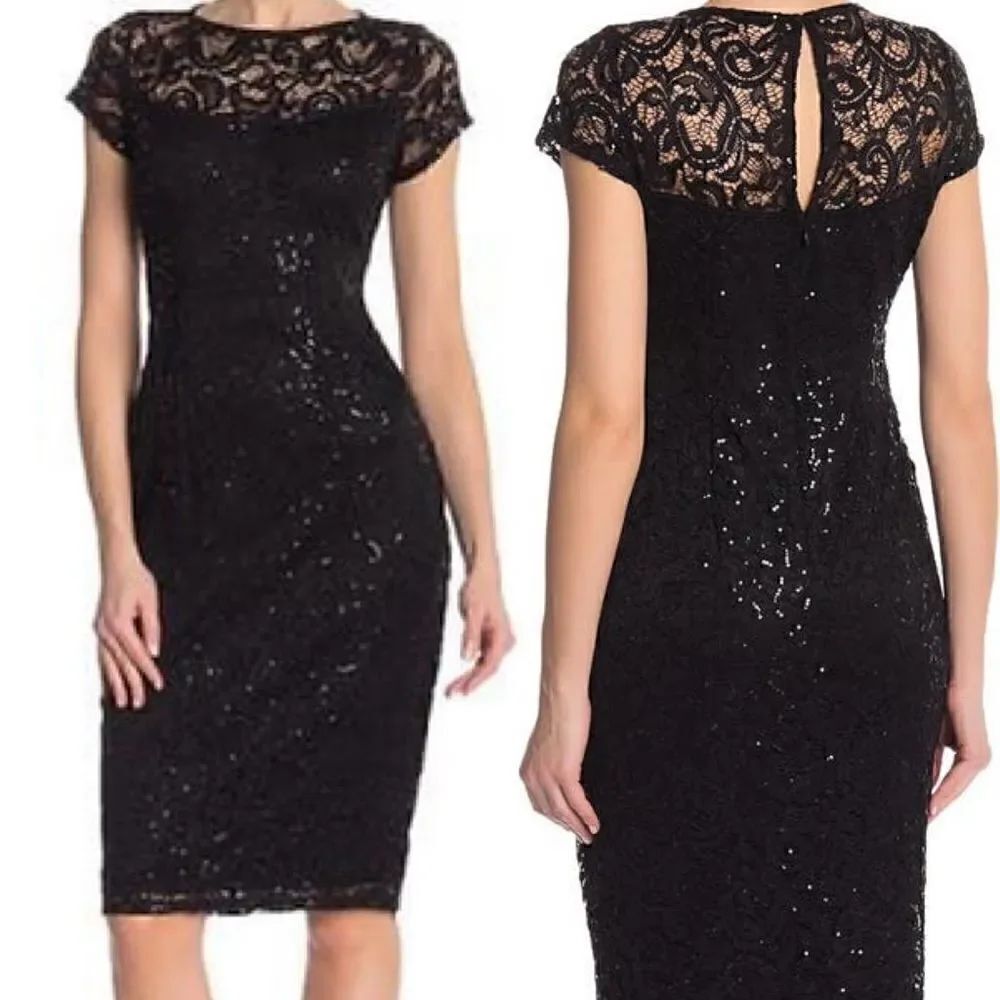 Marina Sequin Lace Cap Sleeve Sheath Dress